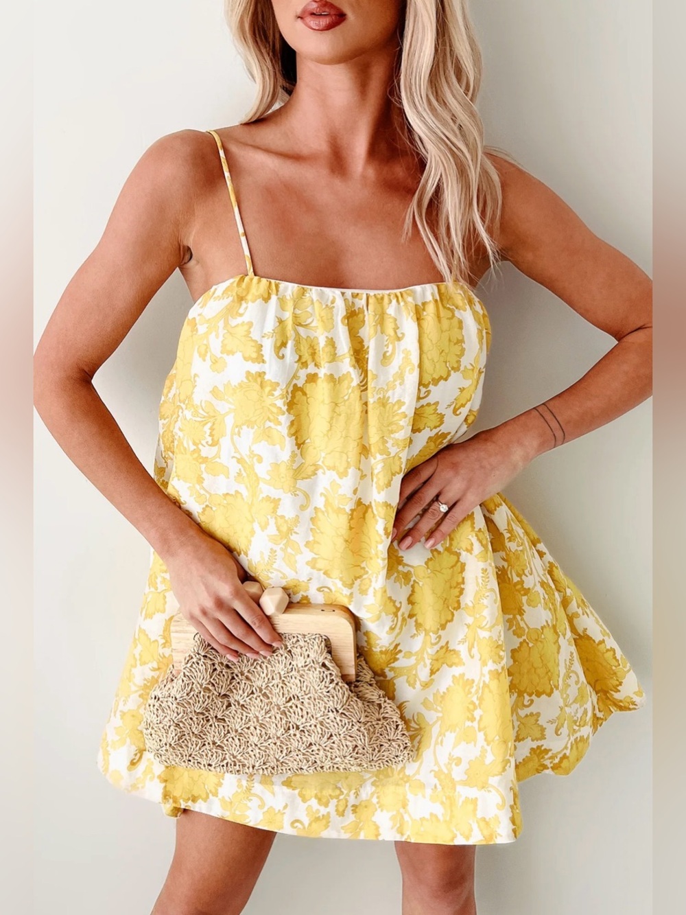 Fore Collection Yellow Floral Babydoll Mini Dress Size Large - Picture 3 of 14